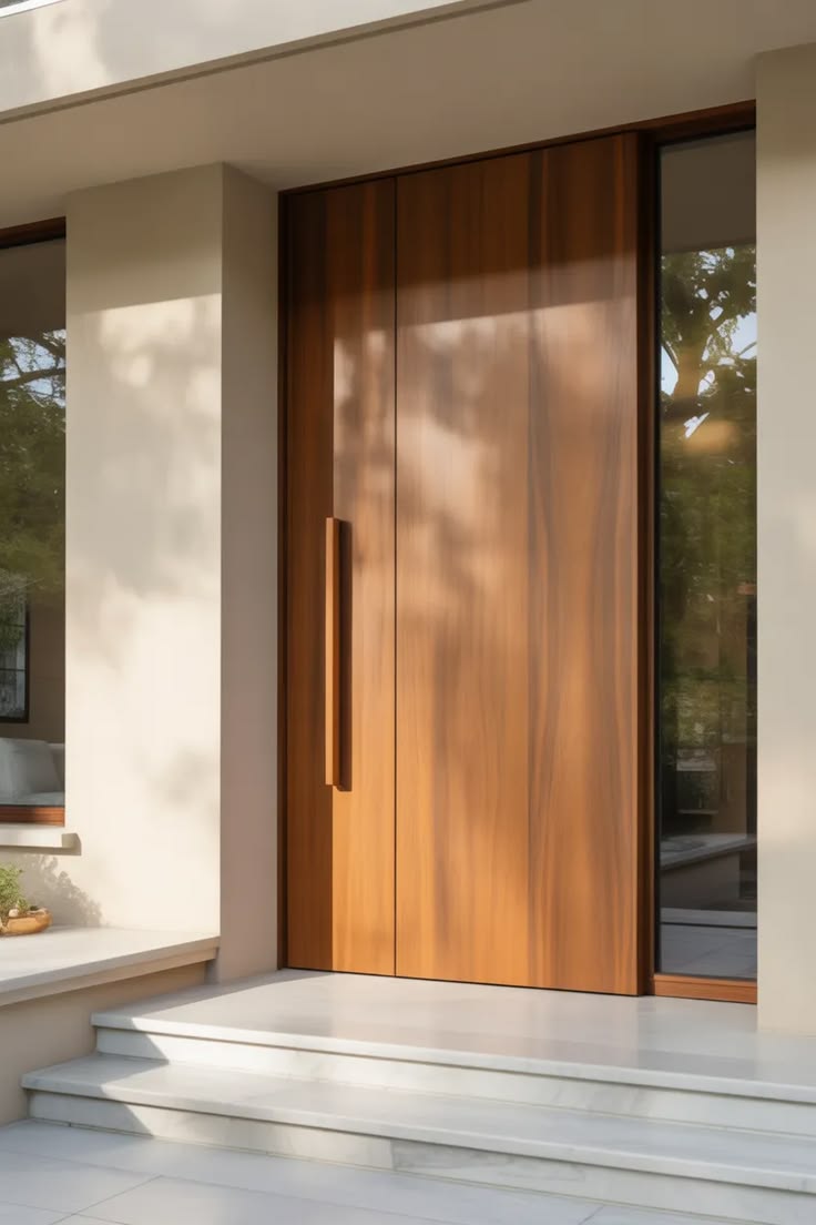 Warm wooden entrance door with integrated vertical handle, set into a stucco facade.