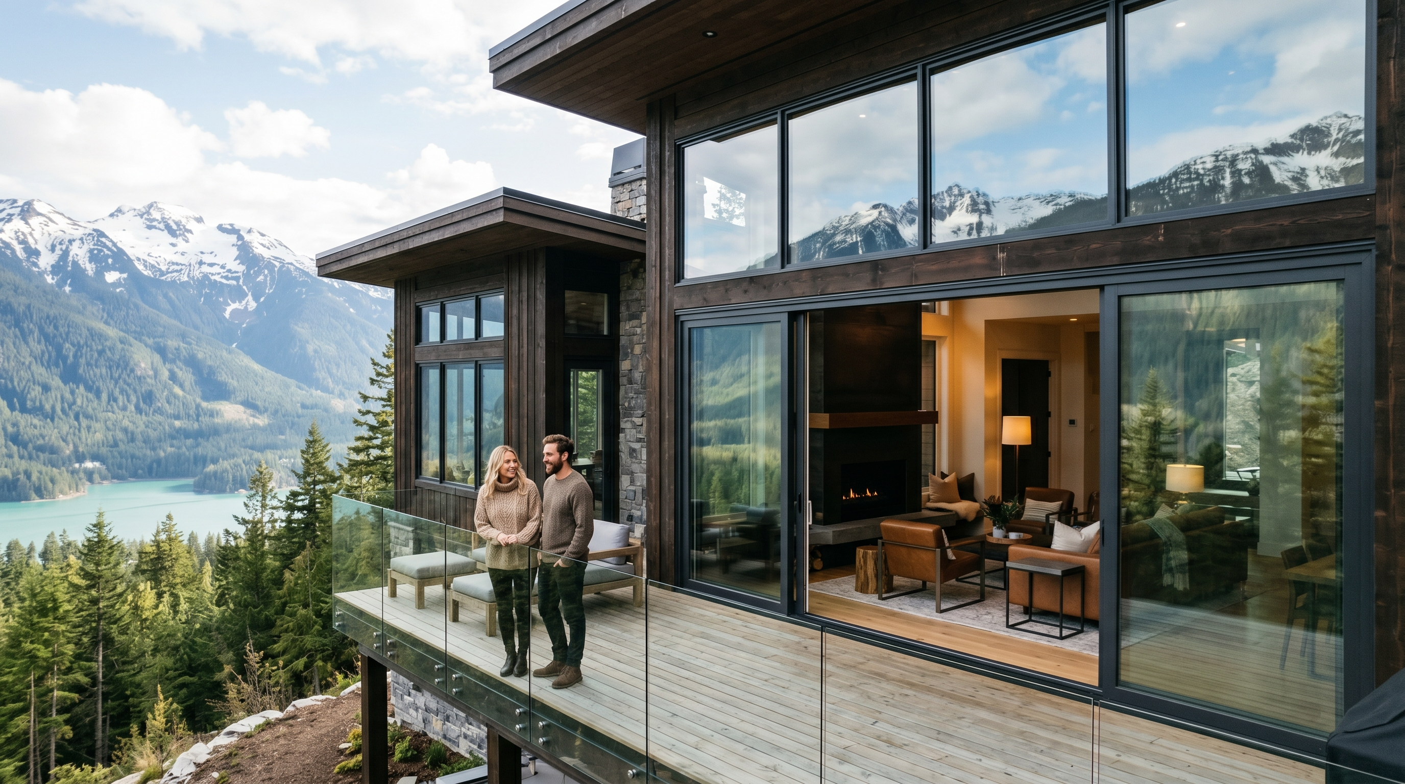 Modern Canadian alpine residence with floor-to-ceiling Compel windows opening onto a deck overlooking a mountain lake.