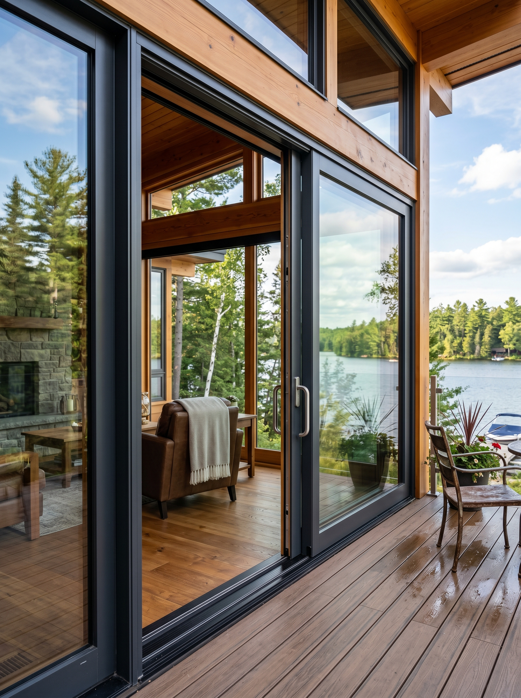 Wide black-framed lift-and-slide door in a lakeside cabin, opening onto a deck with a view of the water.