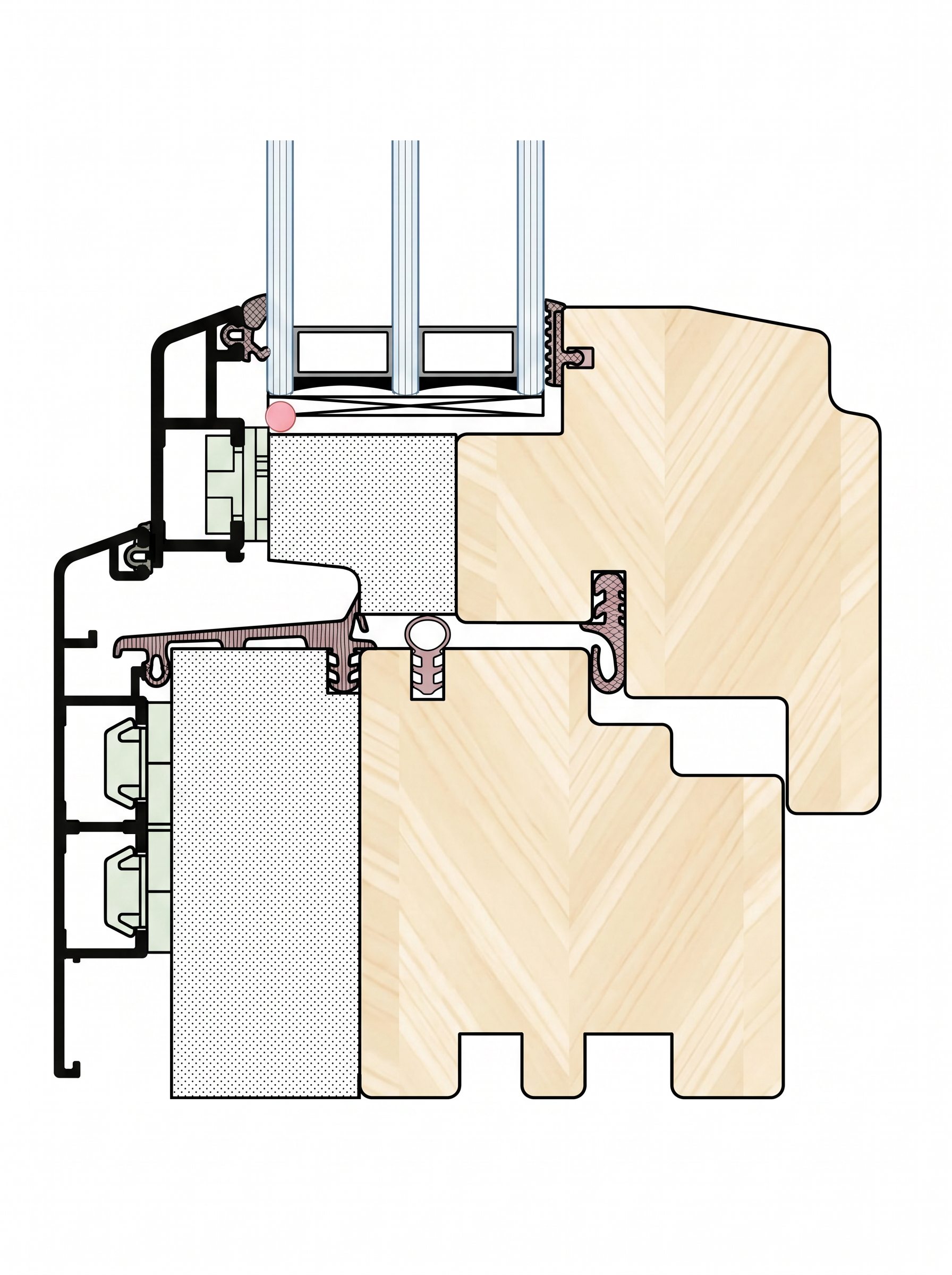 Horizontal cross-section through the Gemini Passive frame, showing PS-foam insulated core and triple-glazed assembly.