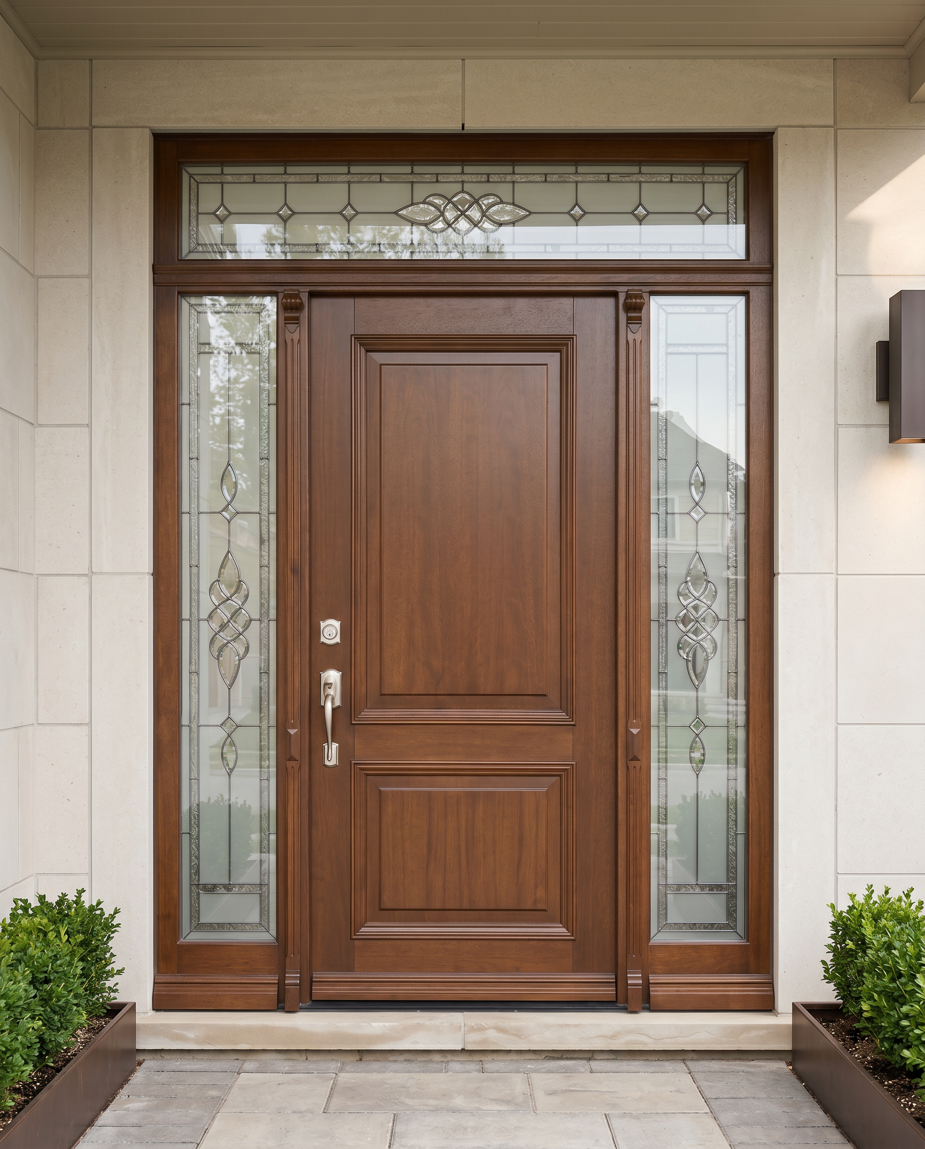 Wood entrance door with leaded-glass sidelights and transom in a stone facade.