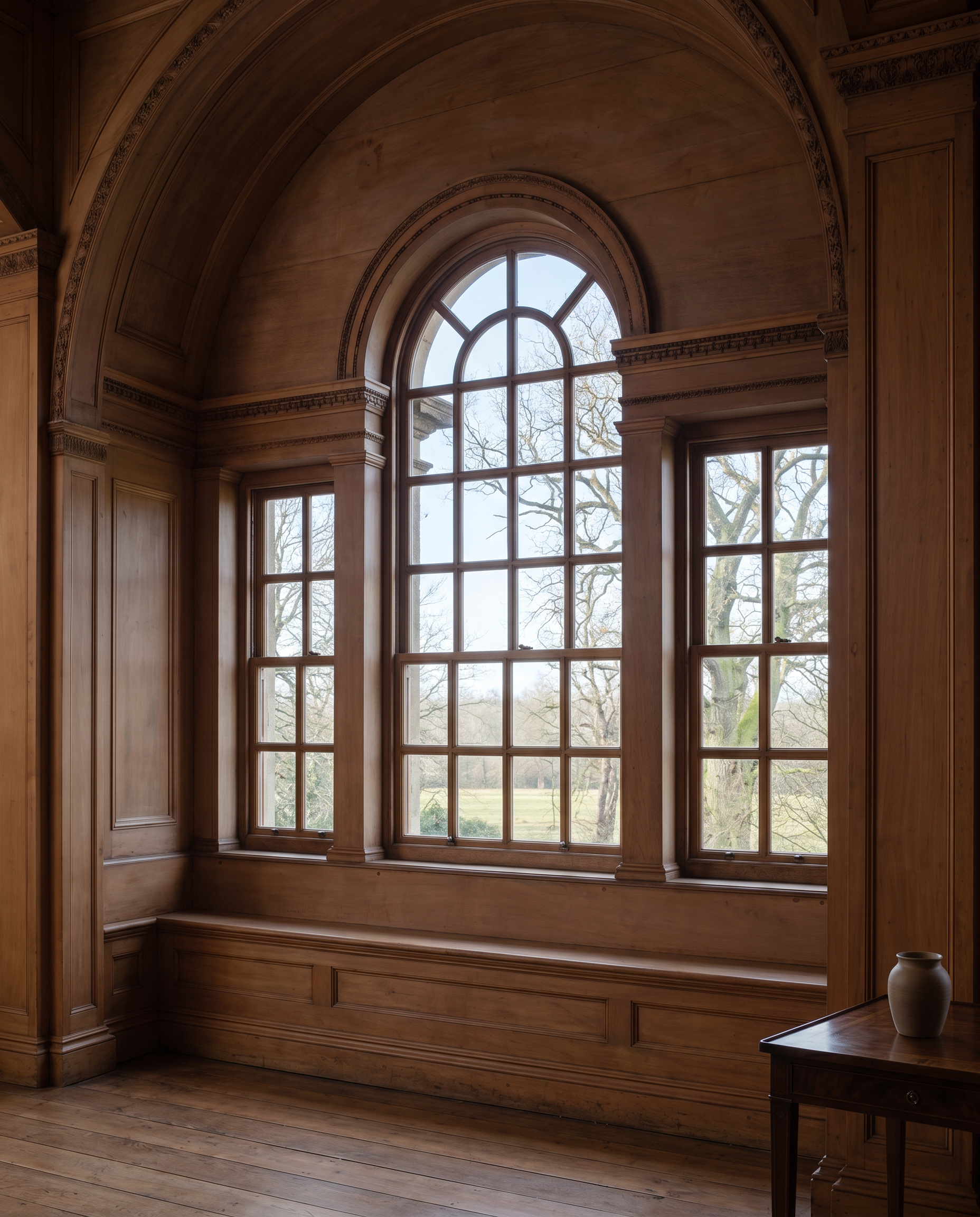 Arched custom window in a wood-panelled heritage room overlooking the landscape.