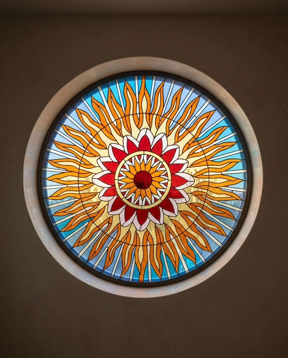 Round stained-glass rose window installation in a church interior.