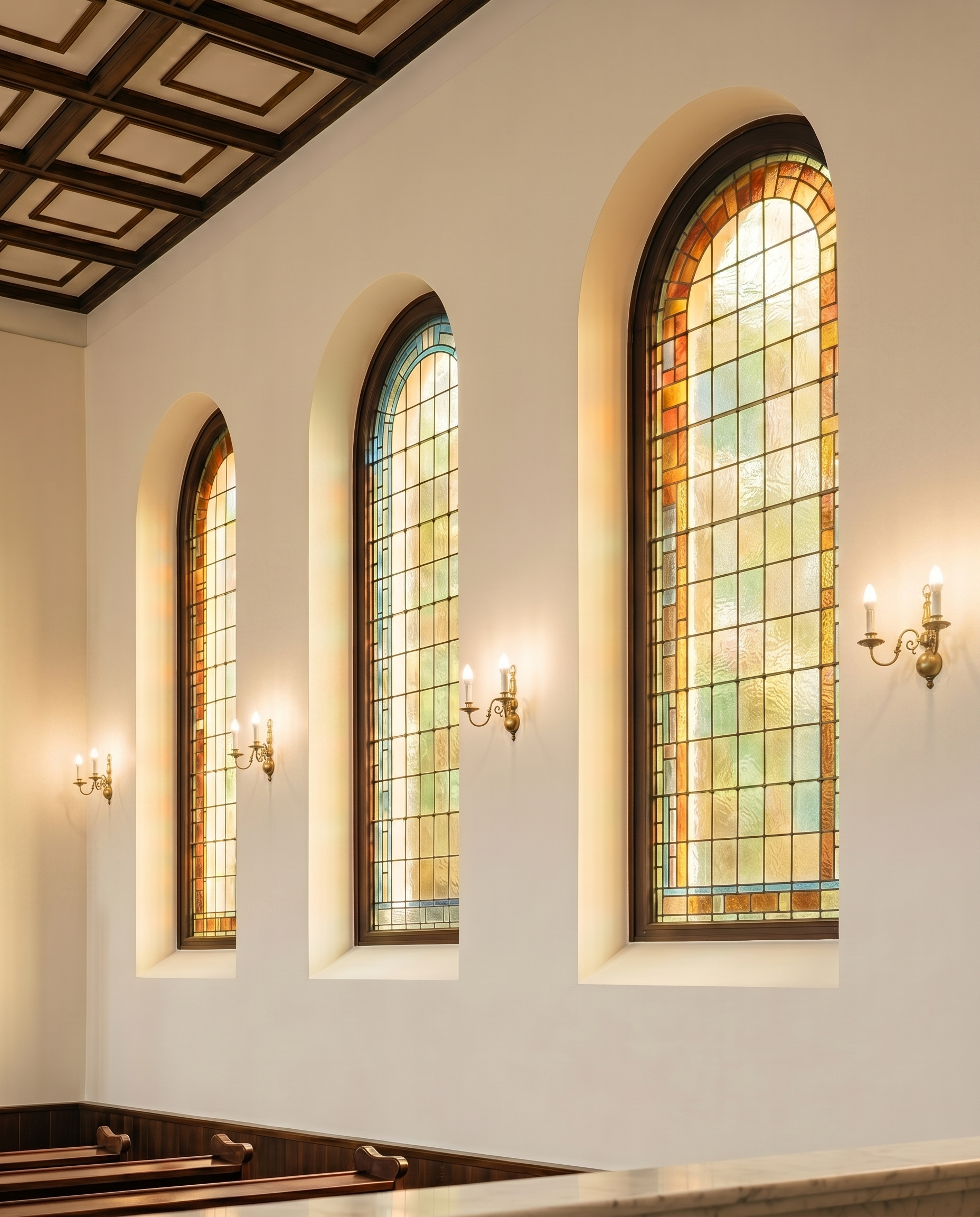 Three arched stained-glass windows in a church sanctuary.