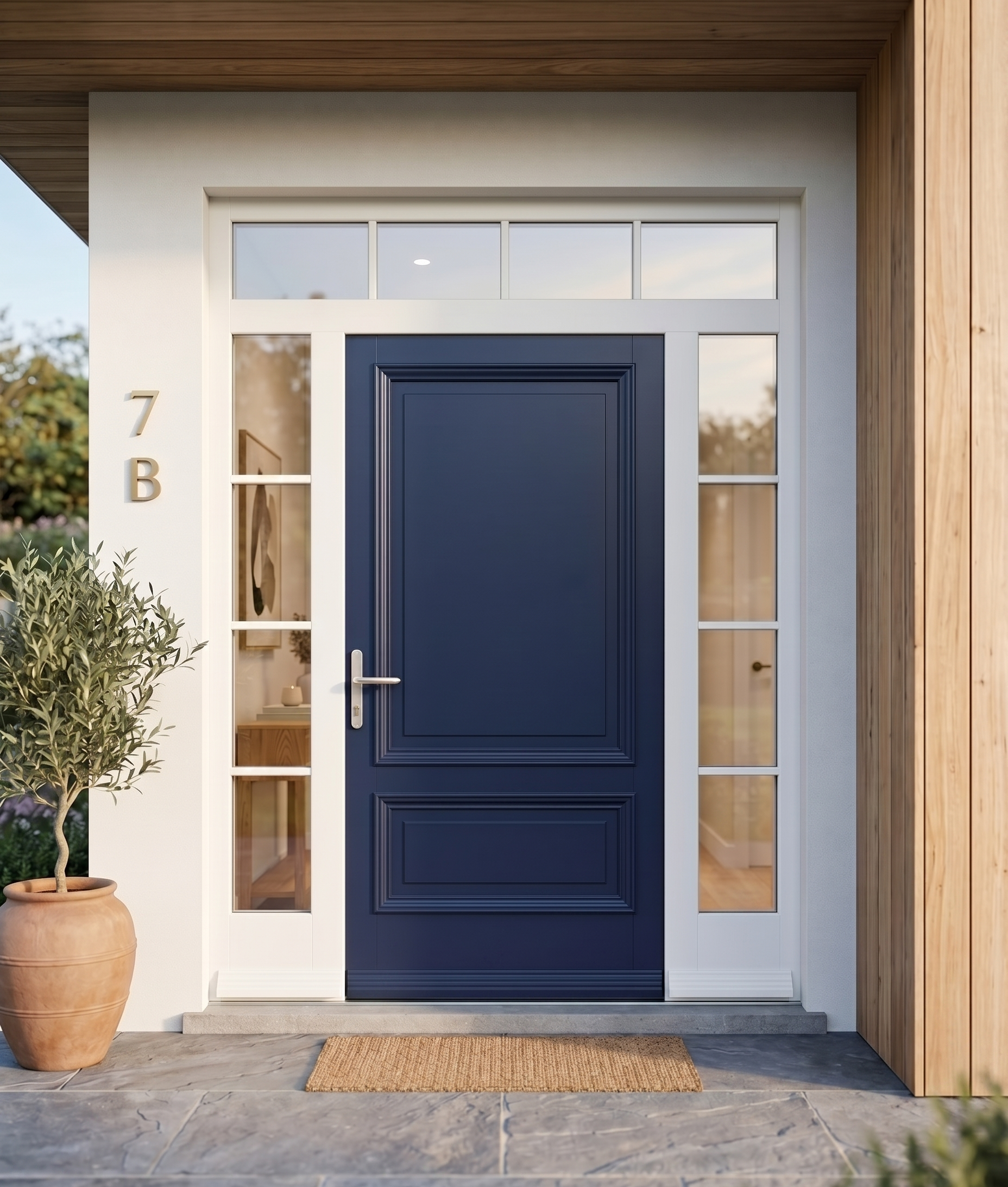 Navy painted entrance door with sidelights and transom on a contemporary residence with stone paving.