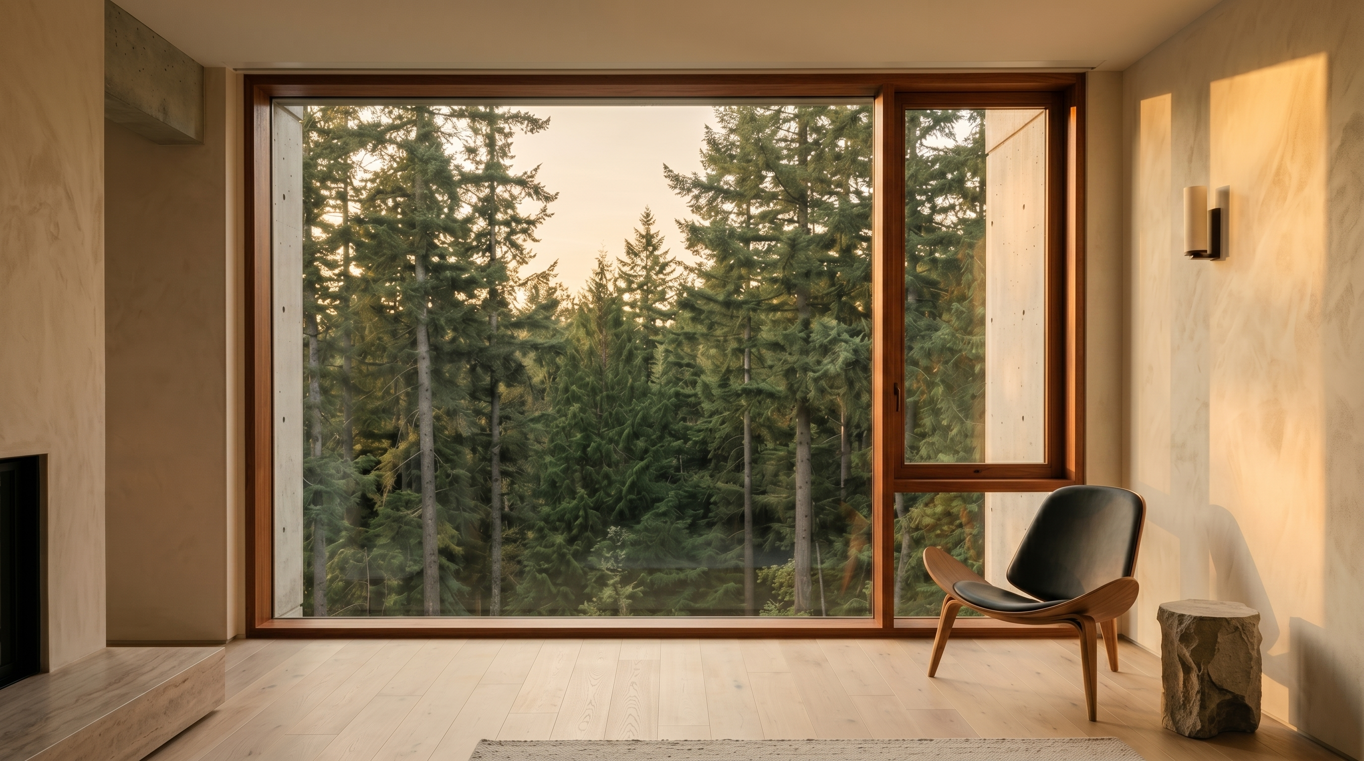 Minimalist interior with a slim black-framed Compel window framing dense conifer forest, a single sculptural chair beside it.