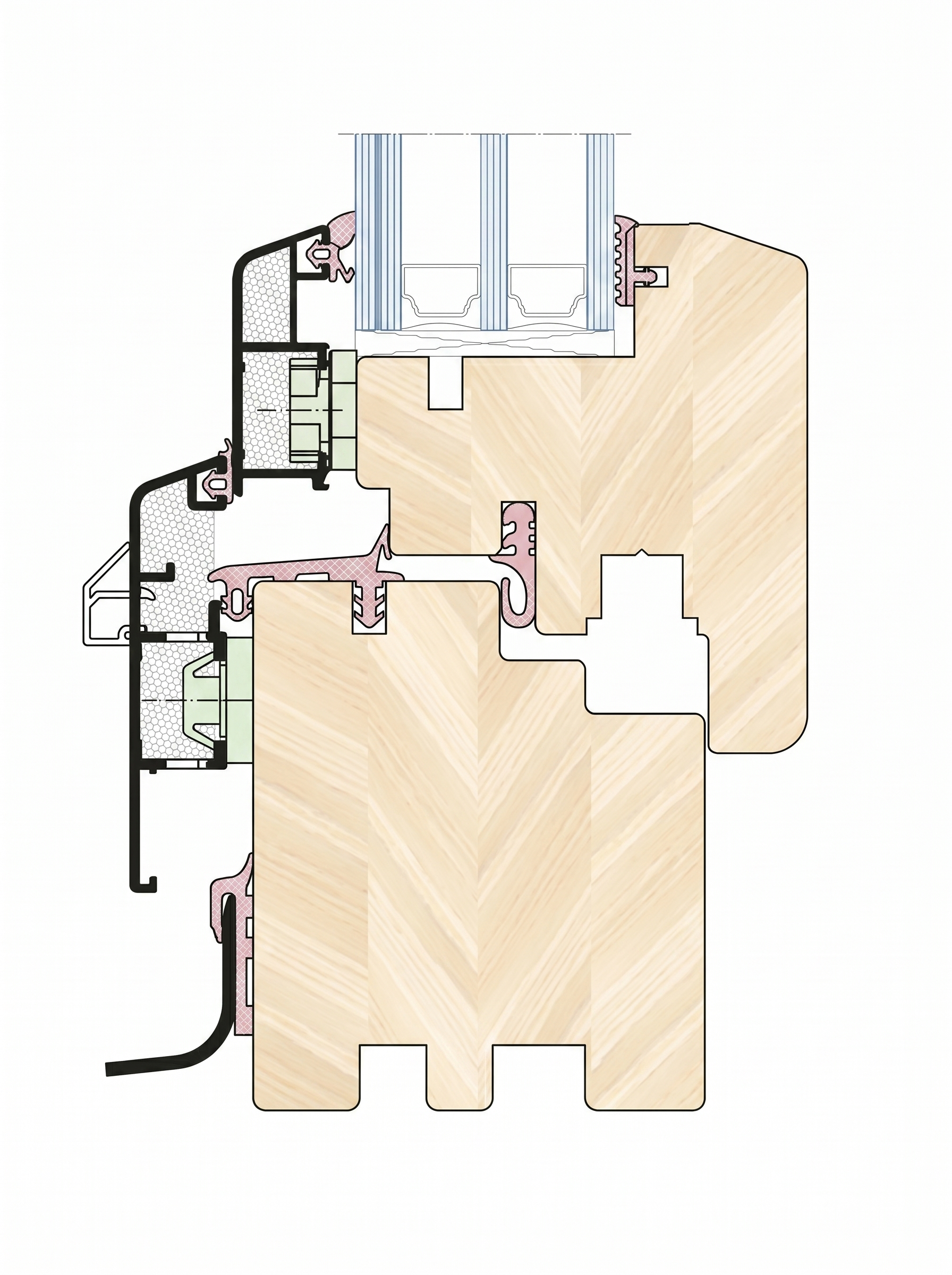 Horizontal cross-section through the Gemini Thermoclassic frame, showing aluminium cladding, timber core, hardware groove, and triple-glazed unit.
