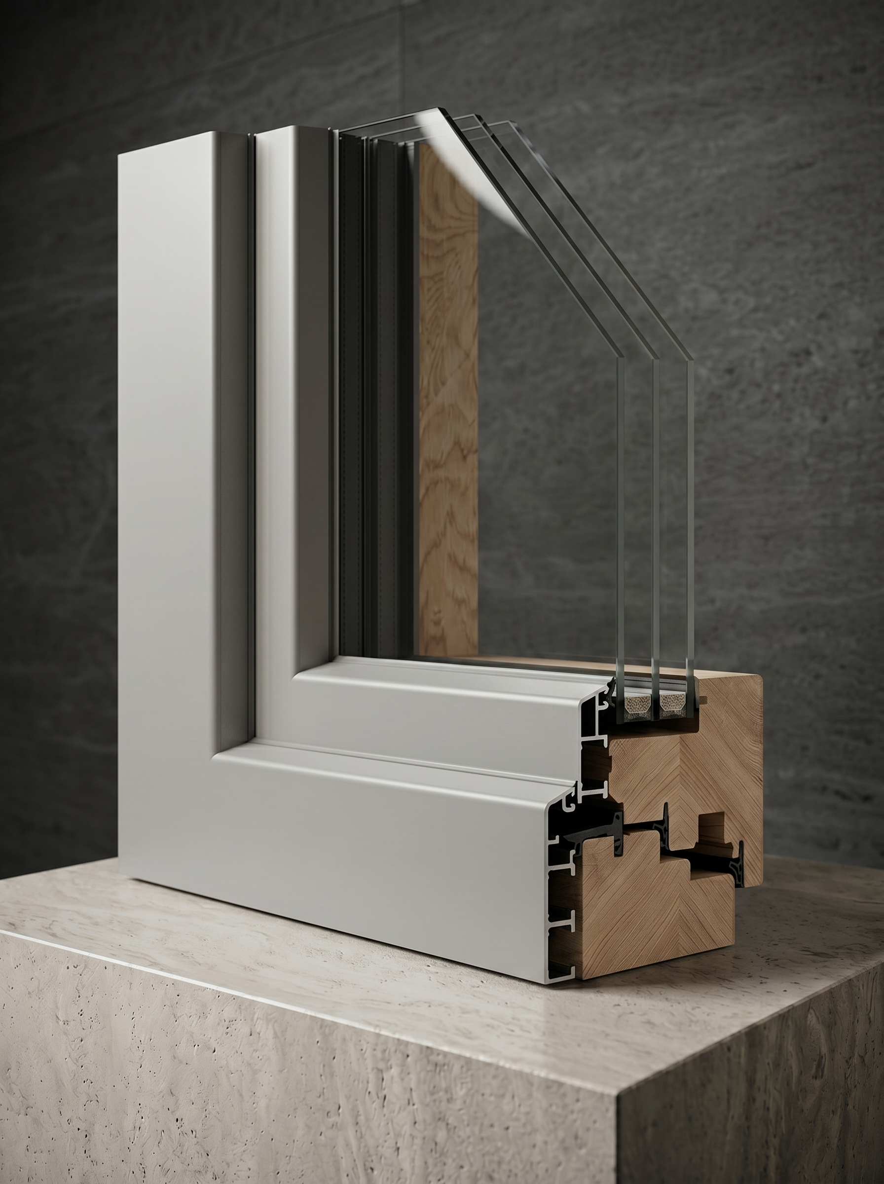 Cutaway render of the Gemini Thermoclassic window profile — wood and aluminium-clad construction.