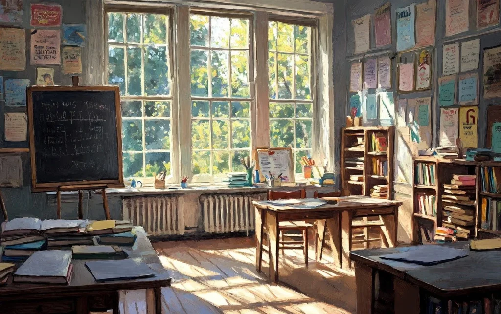 A cozy classroom bathed in sunlight with large windows, wooden desks, chalkboard, and bookshelves filled with books. The sunlight streams through the trees outside, creating a warm and inviting atmosphere