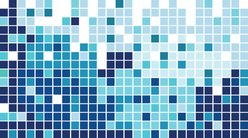 A pixelated mosaic pattern consisting of small squares in various shades of blue and teal. The design is abstract, with the darker blue tiles forming irregular shapes against the lighter blue and teal tiles.